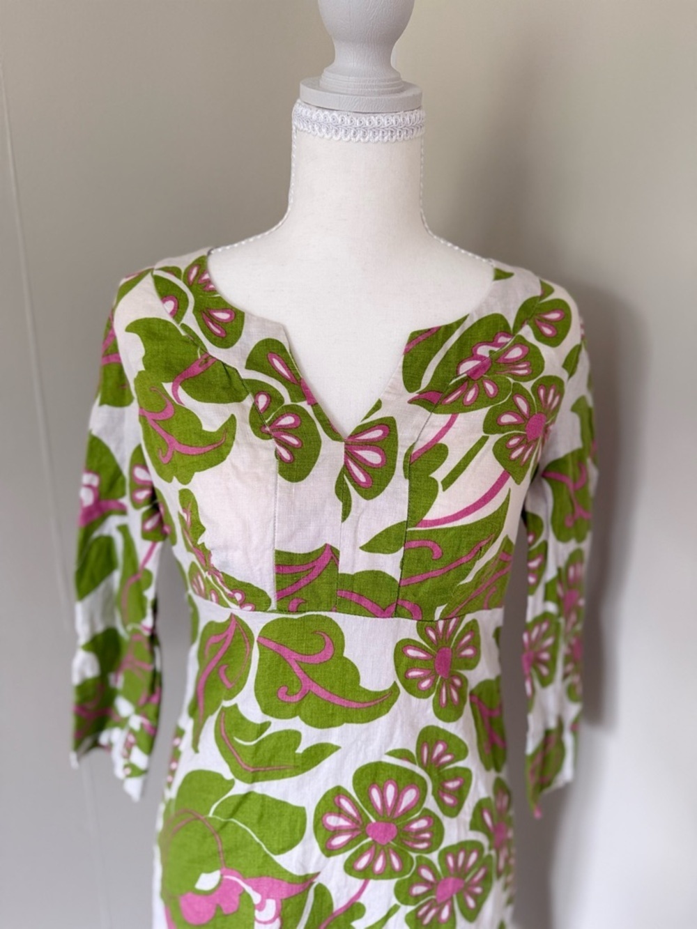 Vintage Boden Green & Pink Floral Tunic Mini Dress 100% Linen Y2K 70s - Picture 2 of 10